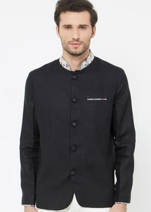 Black Linen Readymade Bandhgala Jodhpuri Jacket