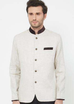 White Readymade Linen Bandhgala Jodhpuri Jacket