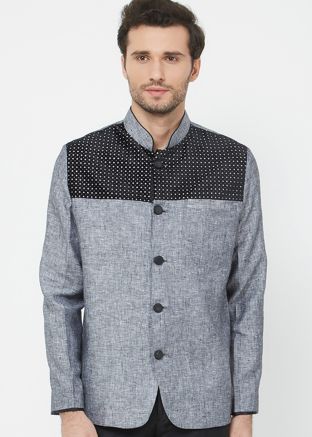 Grey Linen Bandhgala Jodhpuri Jacket