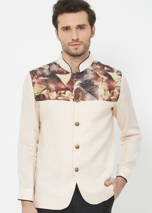 Cream Readymade Linen Bandhgala Jodhpuri Jacket