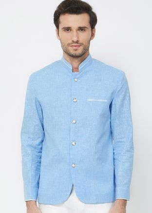 Sky Blue Readymade Linen Bandhgala Jodhpuri Jacket