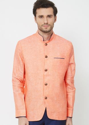 Orange Linen Readymade Bandhgala Jodhpuri Jacket