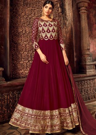 Maroon Embroidered Anarkali Suit With Dupatta