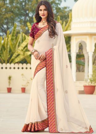 White Zari Embroidered Heavy Saree In Georgette