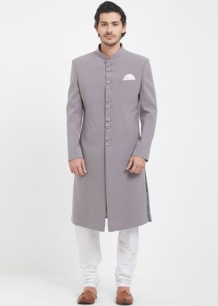 Grey Art Silk Achkan Sherwani With Churidar