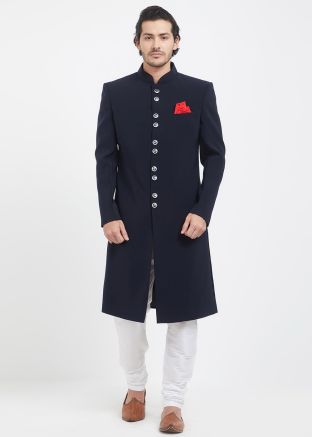 Navy Blue Art Silk Readymade Achkan Sherwani