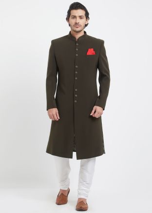Readymade Art Silk Achkan Sherwani In Brown