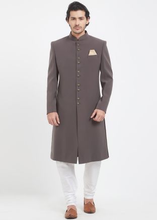 Grey Art Silk Readymade Achkan Sherwani