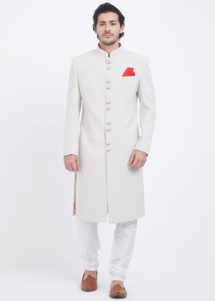 Readymade Art Silk Achkan Sherwani In White