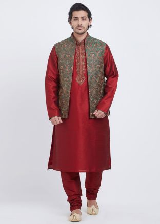 Maroon Art Silk Embroidered Sherwani With Jacket