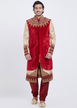 Red Brocade Readymade Groom Sherwani Set
