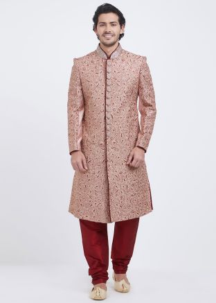 Pink Art Silk Embroidered Sherwani With Churidar