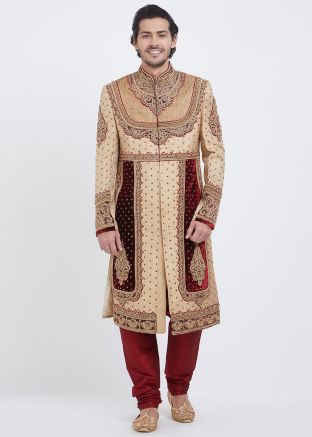 Cream Groom Brocade Embroidered Sherwani