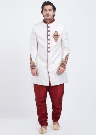 White Brocade Readymade Sherwani With Breeches