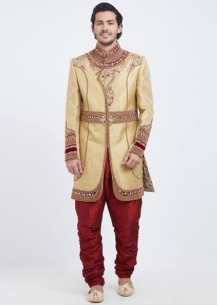 Golden Brocade Readymade Groom Sherwani 
