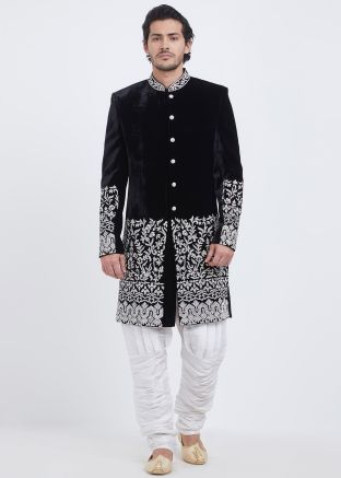 Black Art Silk Velvet Readymade Sherwani 