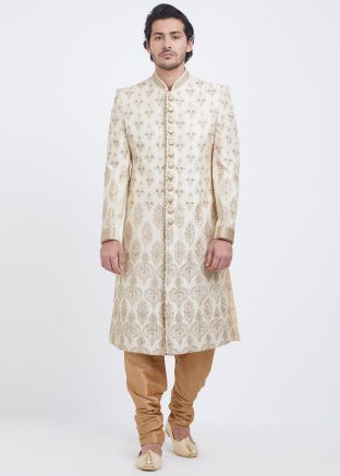 Cream Embroidered Readymade Sherwani Set