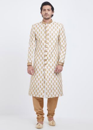 Readymade Silk Embroidered Sherwani In Cream