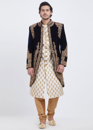 Cream Embroidered Sherwani Set With Black Jacket