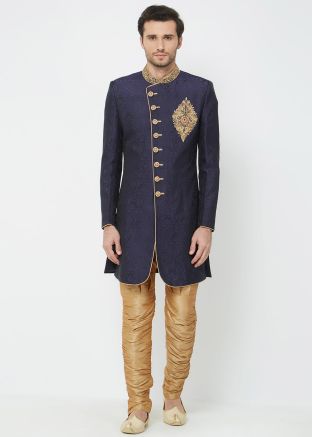 Navy Blue Brocade Readymade Sherwani With Breeches