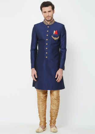 Readymade Art Silk Sherwani In Navy Blue