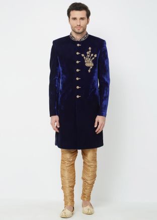 Navy Blue Velvet Readymade Sherwani With Breeches