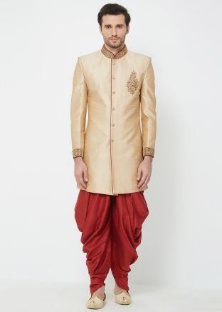 Golden Silk Readymade Sherwani With Dhoti