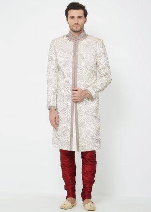 Readymade White Silk Sherwani With Breeches