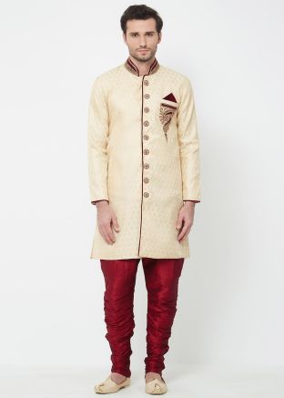 Golden Readymade Brocade Sherwani With Breeches