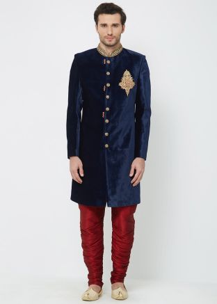 Navy Blue Velvet Readymade Sherwani For Men