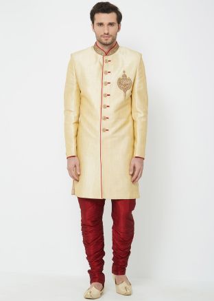 Yellow Art Silk Readymade Sherwani With Breeches