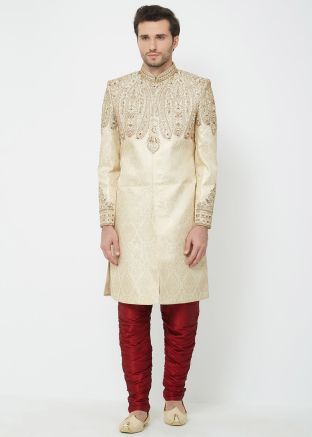 Cream Embroidered Readymade Sherwani