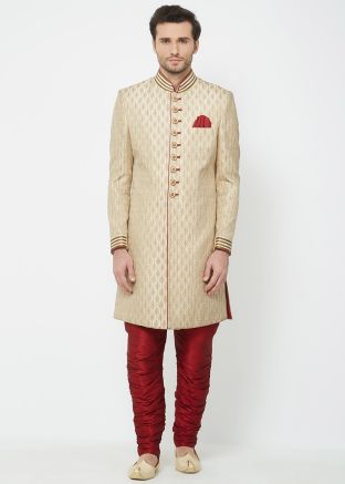 Golden Brocade Readymade Sherwani With Breeches