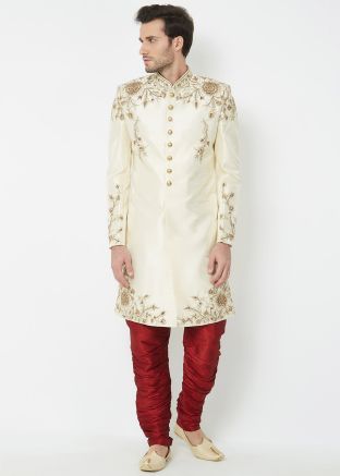 White Silk Readymade Sherwani For Men