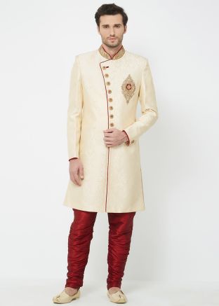 Cream Brocade Readymade Sherwani With Breeches
