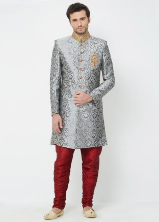 Grey Readymade Brocade Sherwani For Men