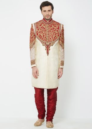 Cream Brocade Groom Sherwani With Breeches