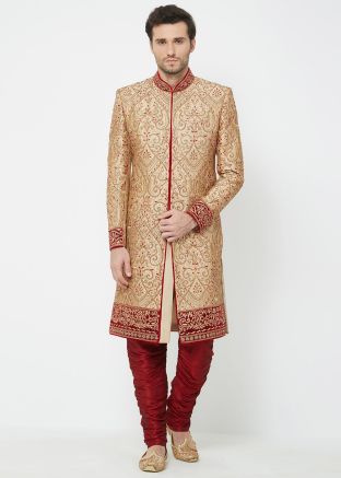Readymade Embroidered Silk Sherwani In Golden