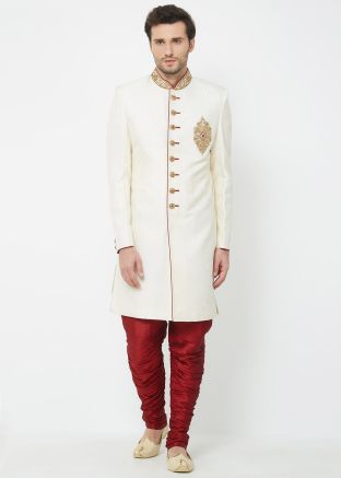 White Brocade Readymade Sherwani With Breeches
