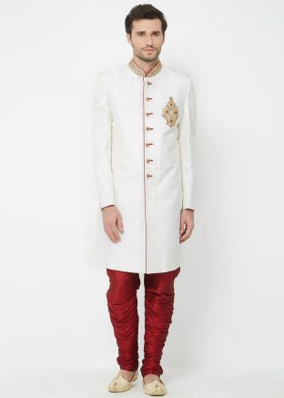 Readymade Brocade Sherwani In White