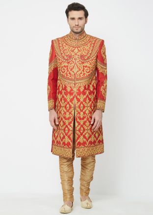 Red Groom Embroidered Sherwani With Breeches