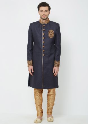 Readymade Jute Sherwani In Navy Blue