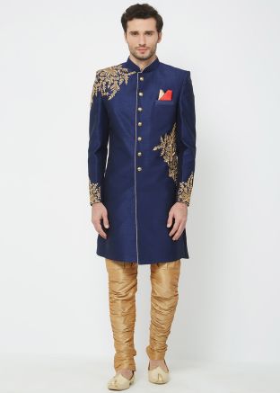 Navy Blue Embroidered Readymade Sherwani