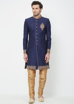 Readymade Silk Sherwani In Navy Blue