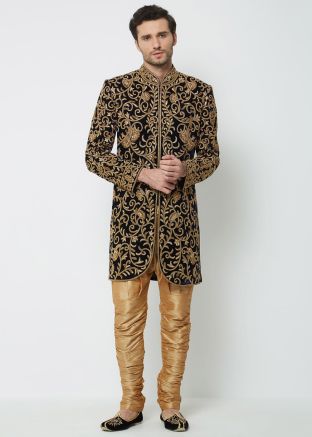 Black Velvet Readymade Sherwani Set