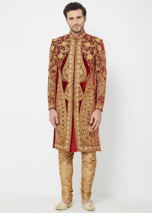 Red Velvet Groom Sherwani With Breeches