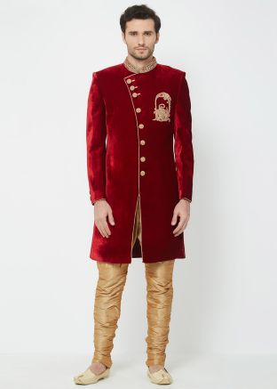 Red Velvet Readymade Sherwani With Breeches