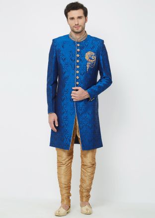 Blue Brocade Readymade Sherwani For Men