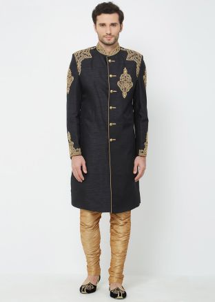 Readymade Silk Sherwani In Black For Men