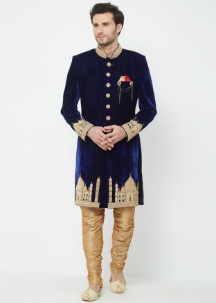 Navy Blue Embroidered Readymade Groom Sherwani